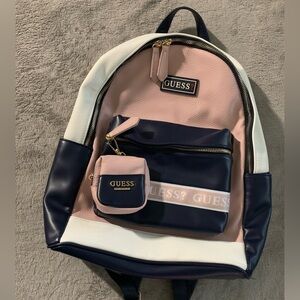 GUESS Tri Color Colorblock Backpack Pink Navy White w/ Matching Pouch